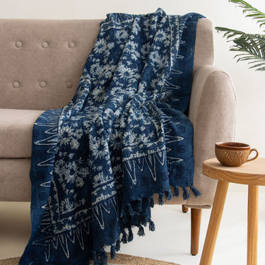 Blue Block Sun Flower Print Pure Cotton Throw Sofa Blanket