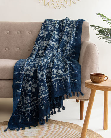 Blue Block Sun Flower Print Pure Cotton Throw Sofa Blanket