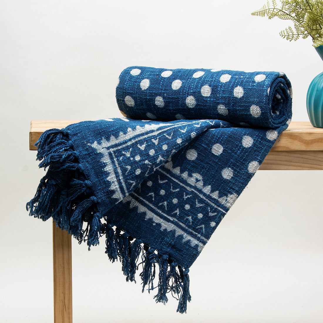 Blue Hand Block Polka Dots Print Cotton Throws for Sofas