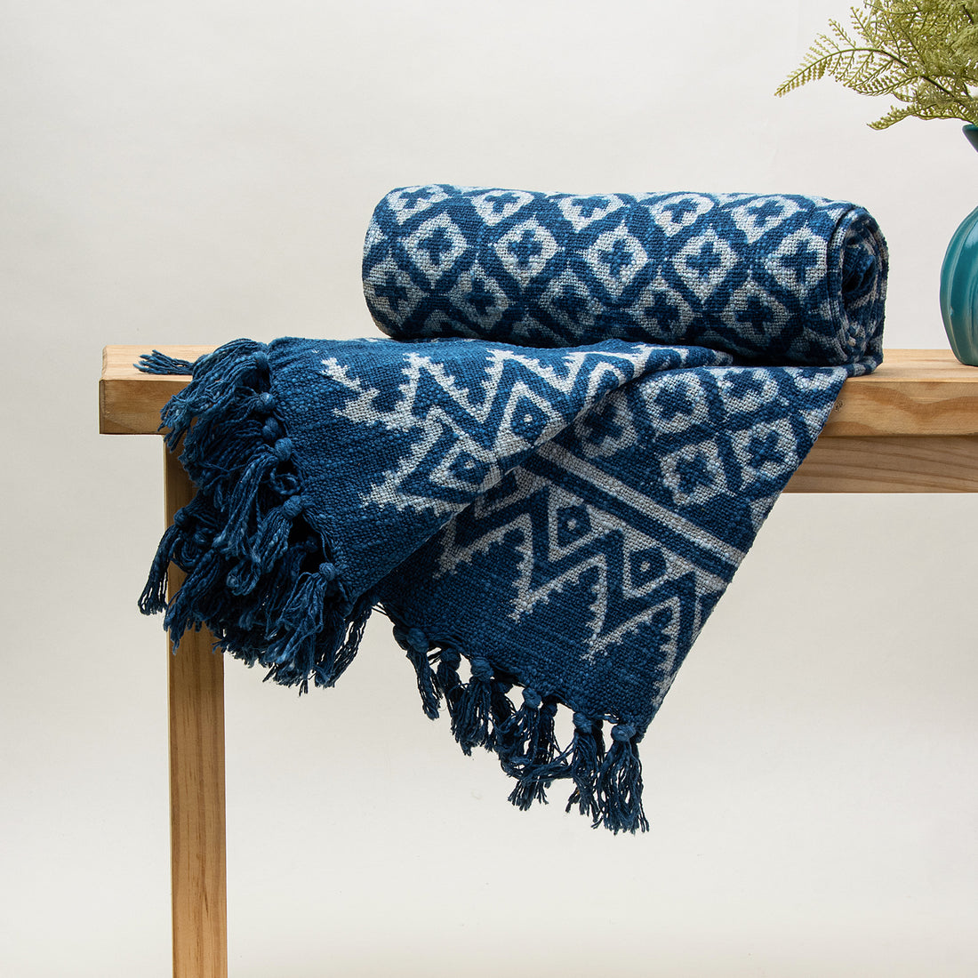 Blue Geometrical Print Cotton Couch Throws