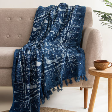 Blue Bird Print Cotton 3-Seater Sofa Throws Online