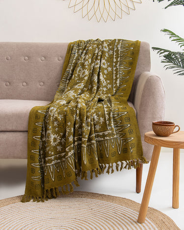 Mustard Sun Flower Pure Cotton Block Print Sofa Throw
