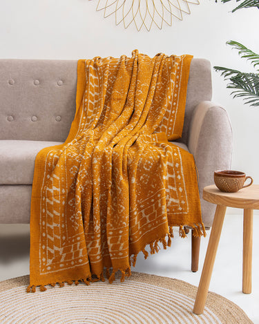 Floral Orange Block Print Throw Blanket For Decor