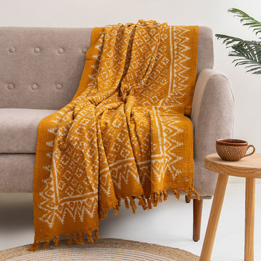 Orange Geometrical Block Print Cotton Bed Throw Blanket