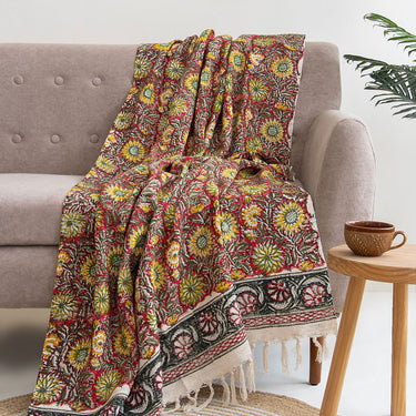Multicolor Sun Flower Hand Block Print Couch Throw Blanket Online