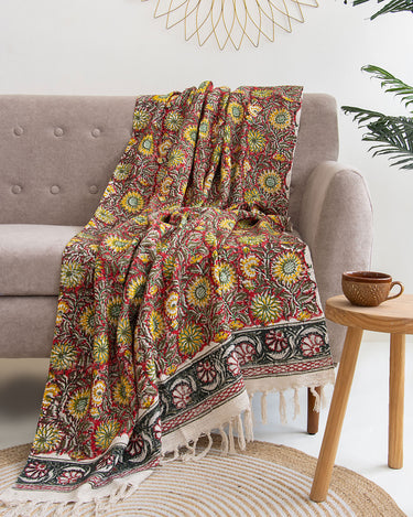 Multicolor Sun Flower Hand Block Print Couch Throw Blanket Online