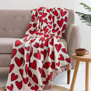 Red Heart Design Soft Cotton Hand Block Printed Sofa Throws
