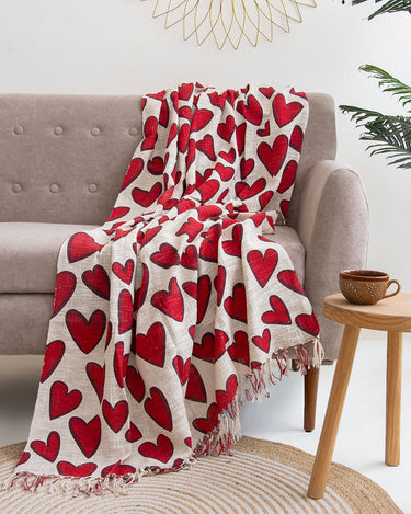 Red Heart Design Soft Cotton Hand Block Printed Sofa Throws