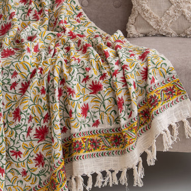 Hand Block Floral Printed Pure Cotton Sofa Throw Blanket