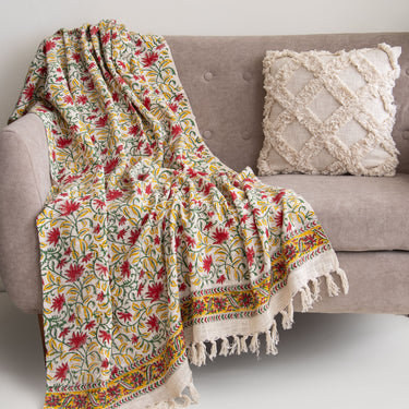 Hand Block Floral Printed Pure Cotton Sofa Throw Blanket