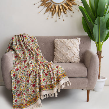 Hand Block Floral Printed Pure Cotton Sofa Throw Blanket