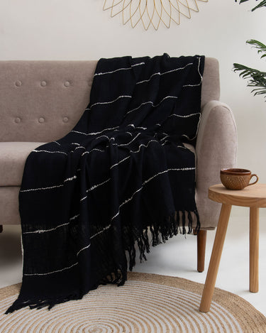 Stylish Black 100% Cotton Woven Throw Blanket For Sofa Decor