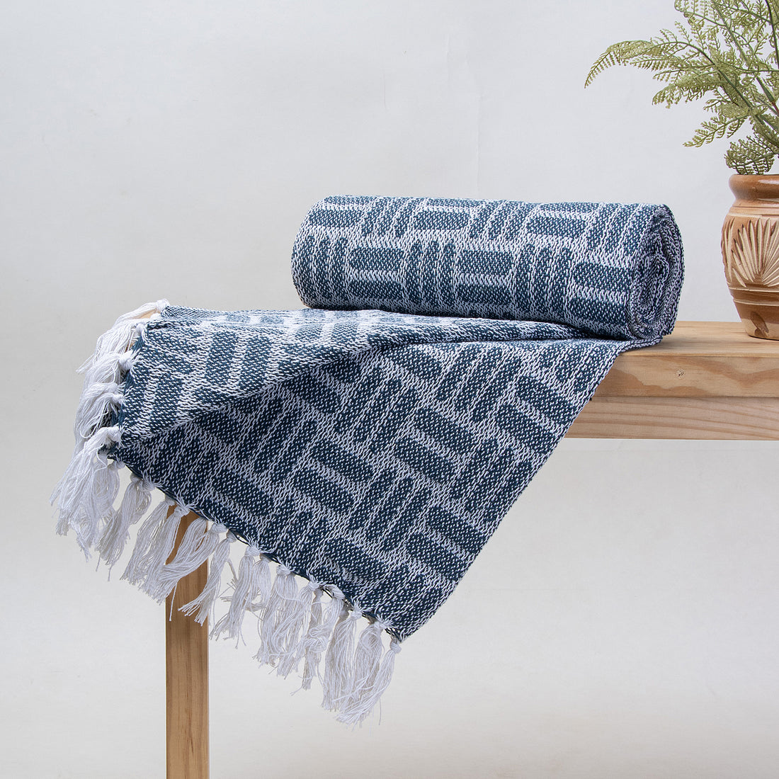 Blue Cotton Decorative Woven Sofa Throws