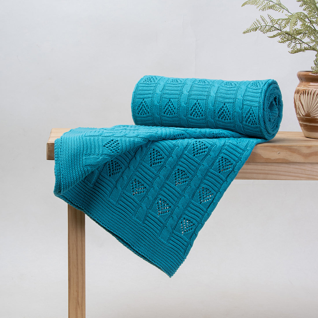 Cyan Color Reversible Soft Cotton Knitted Throw Online
