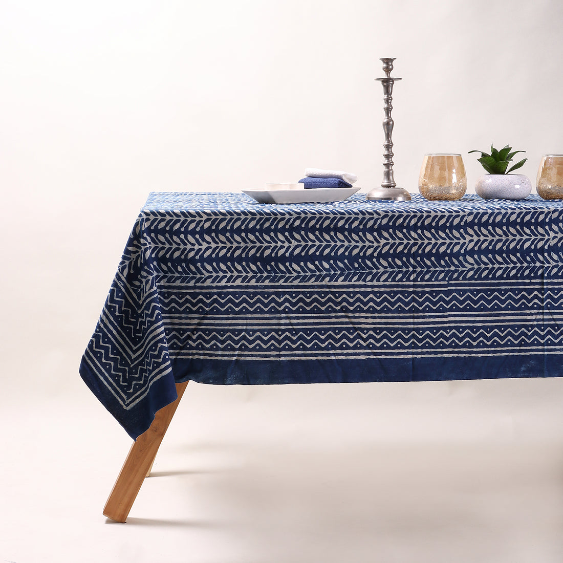 Indigo Blue Leaf Printed Soft Modern Dining Table Cover Online