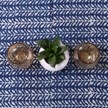 Indigo Blue Leaf Printed Soft Modern Dining Table Cover Online