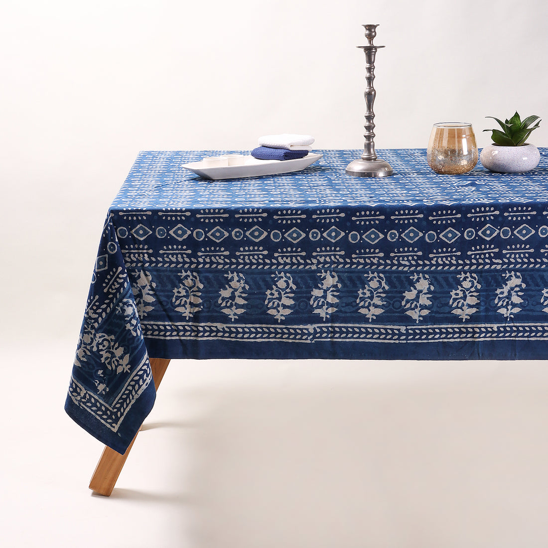 Indigo Blue Leaf Printed Soft Modern Dining Table Cover Online