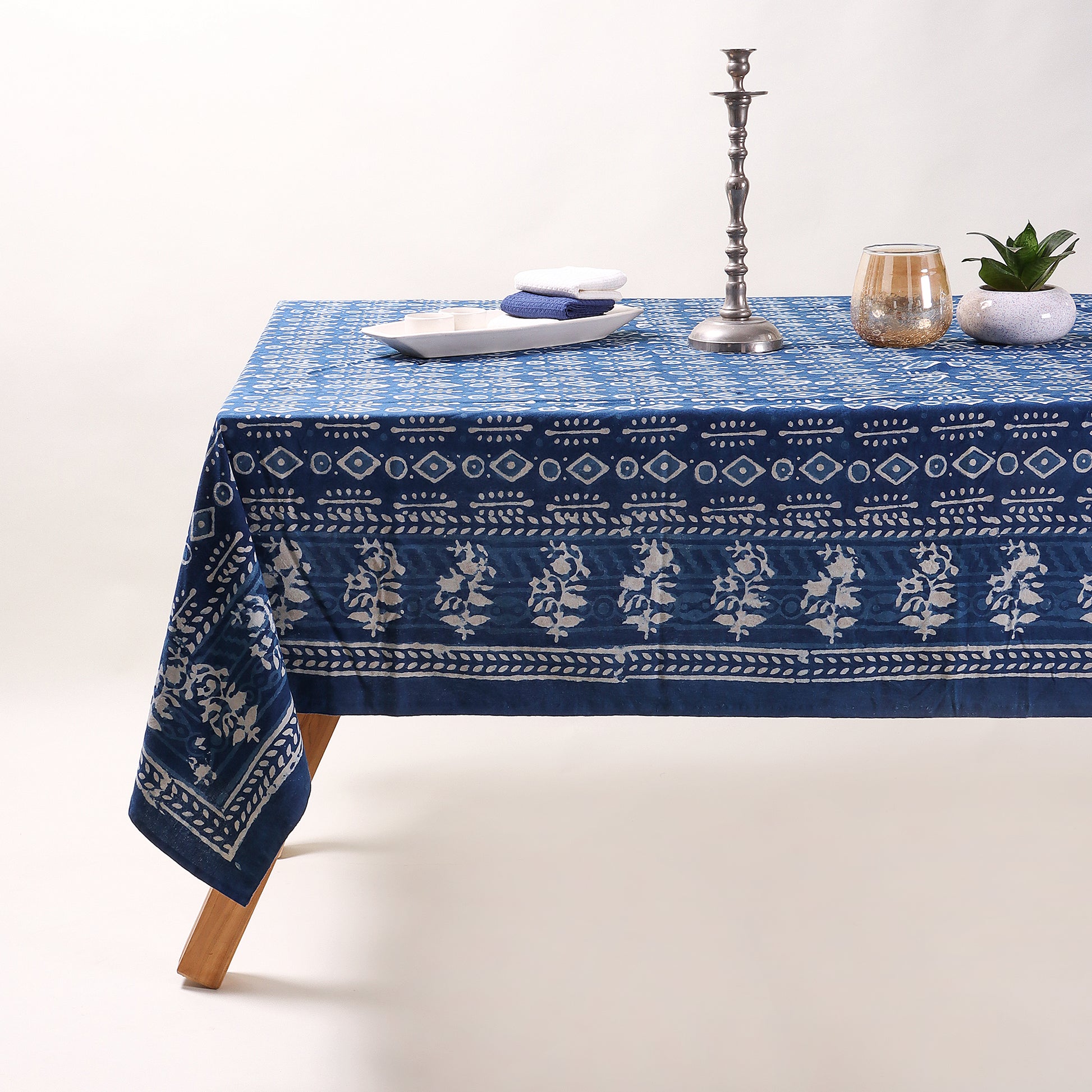 Indigo Blue Leaf Printed Soft Modern Dining Table Cover Online