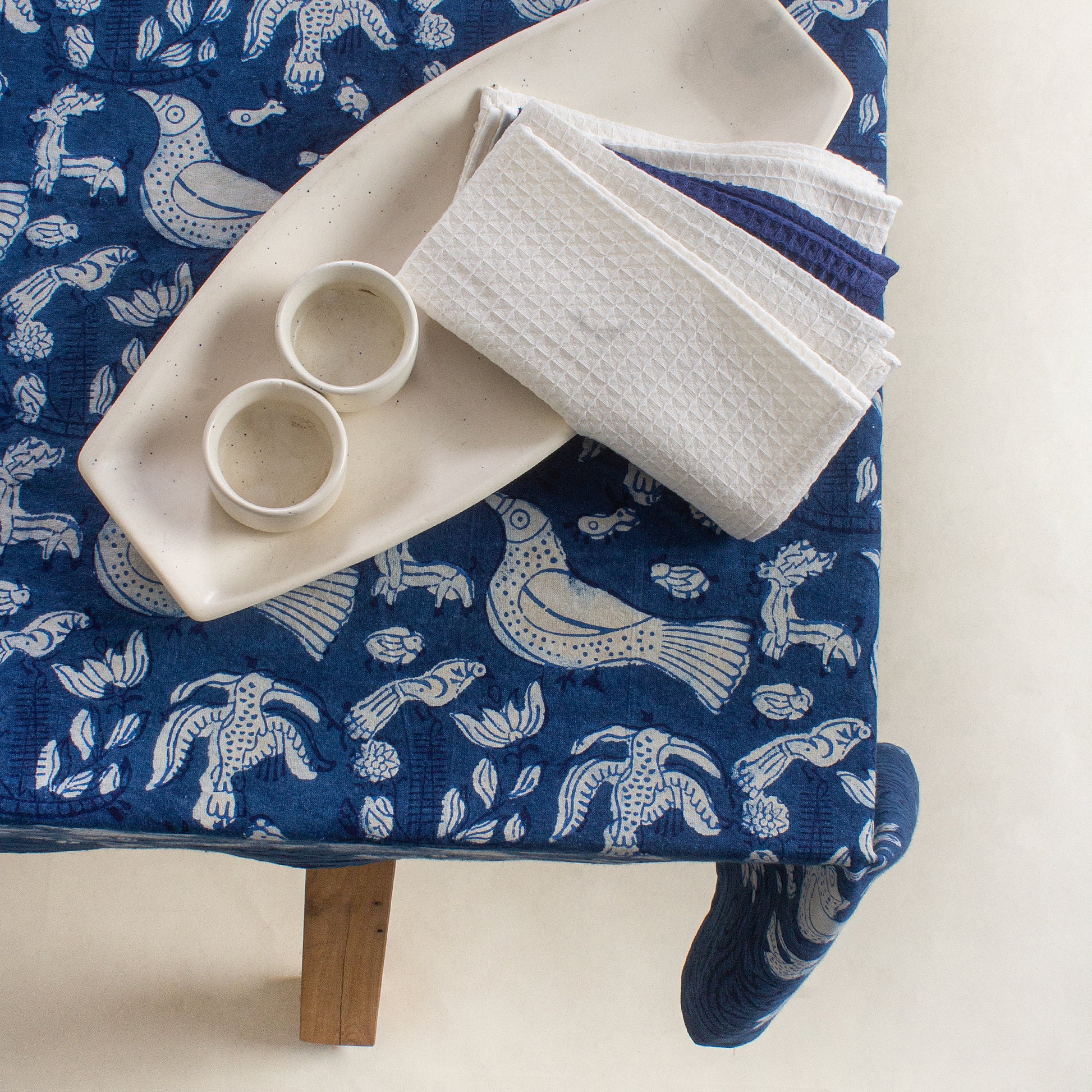 Premium Indigo Blue Bird Printed Soft Cotton Table Cover Online