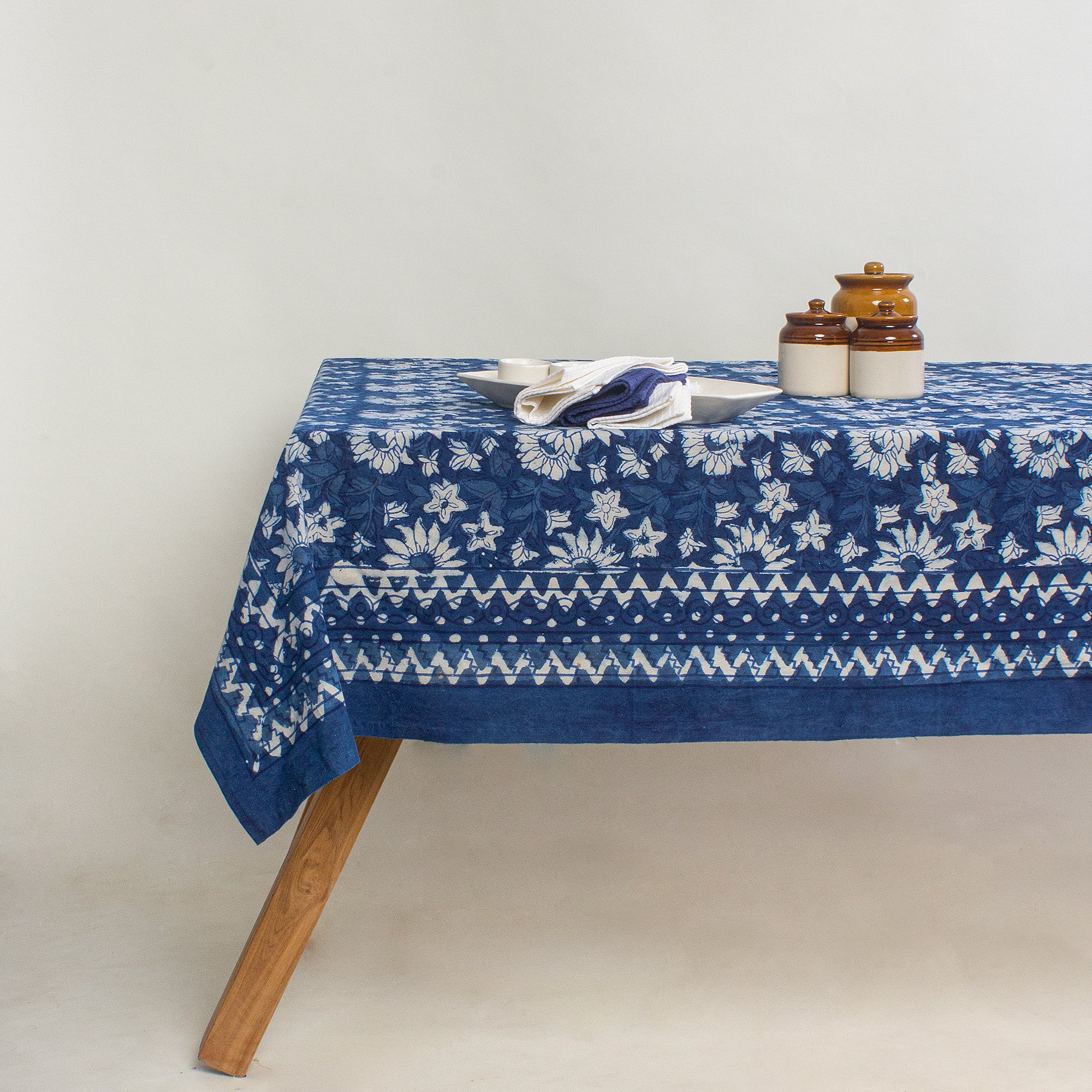 Indigo Blue Floral Print Soft Cotton Dining Table Cover 4 Seater Online