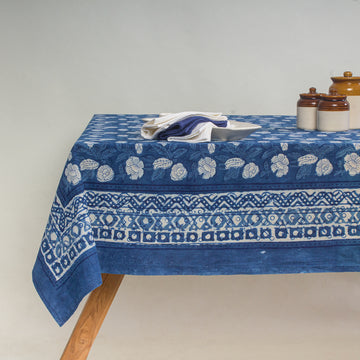 Best Indigo Blue Floral Print Cotton Dining Table Cover Online