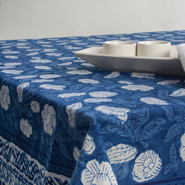 Best Indigo Blue Floral Print Cotton Dining Table Cover Online