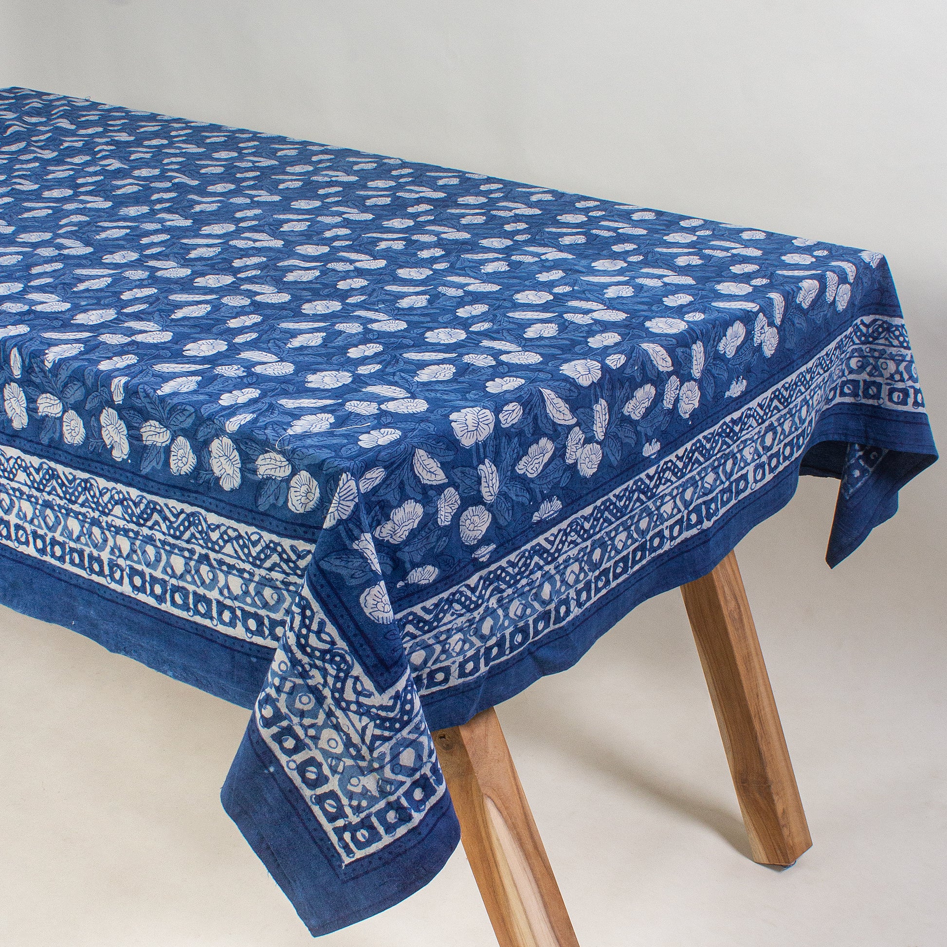 Best Indigo Blue Floral Print Cotton Dining Table Cover Online