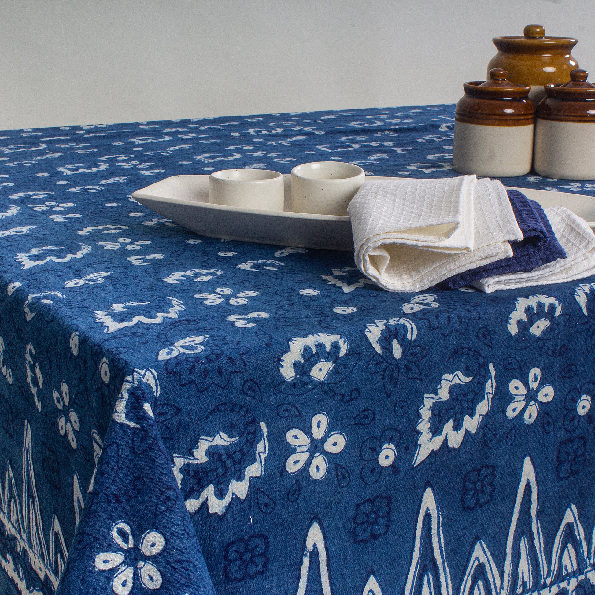 Best Indigo Blue Leaf Print Table Cover for Dining Table Online