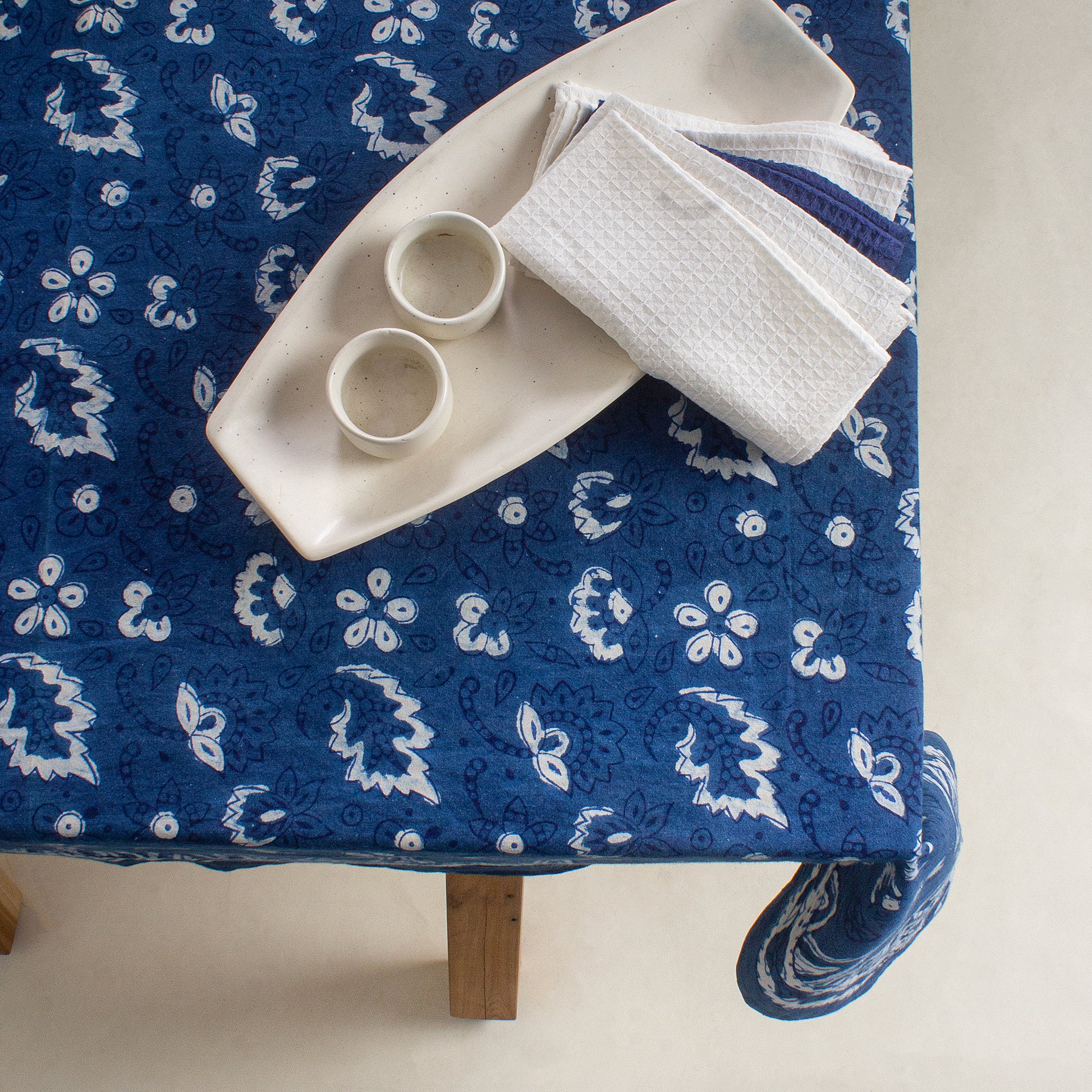 Best Indigo Blue Leaf Print Table Cover for Dining Table Online