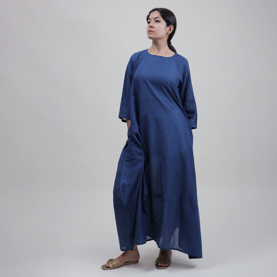 Blue Solid Round Neck Women Cotton Kaftan Online