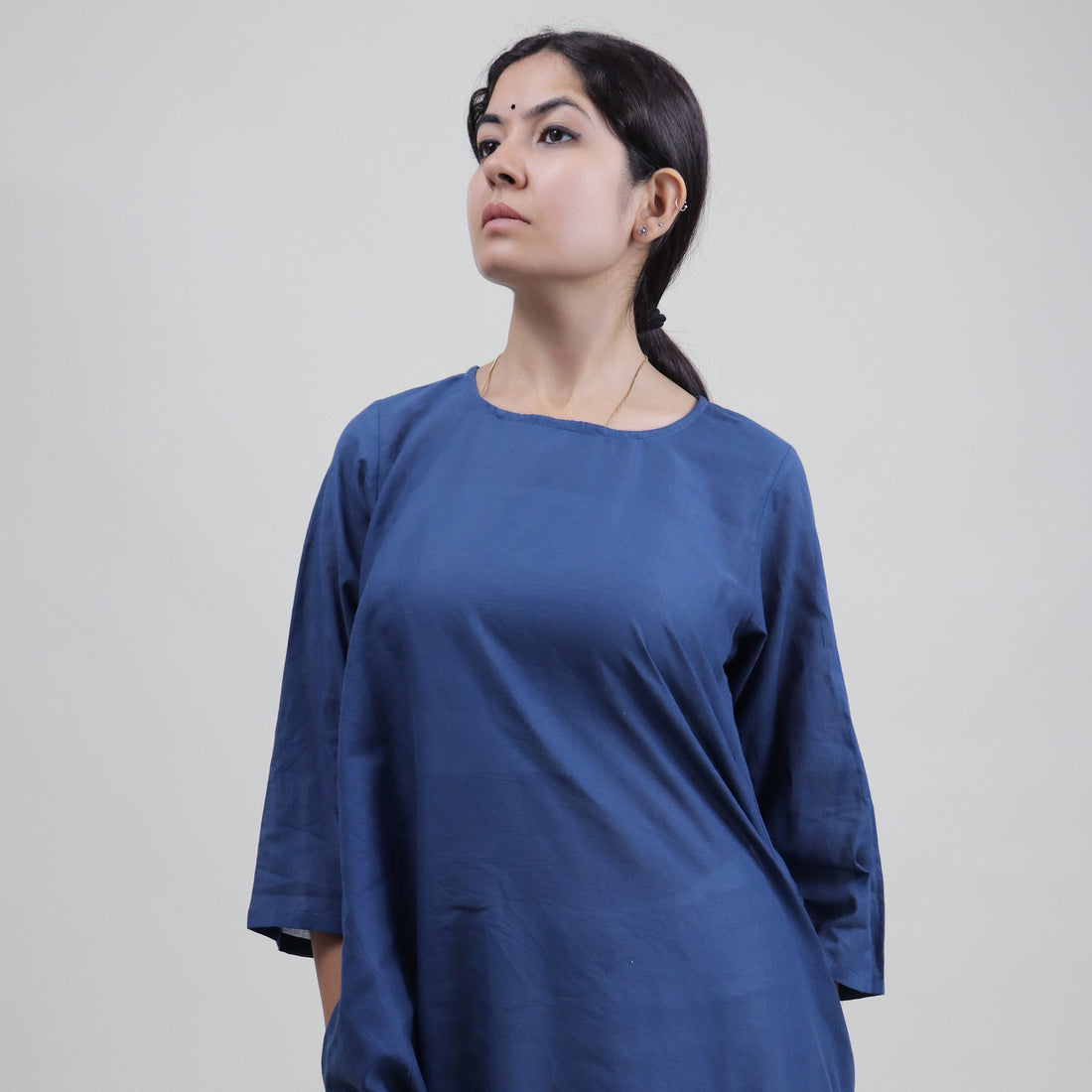 Blue Solid Round Neck Women Cotton Kaftan Online