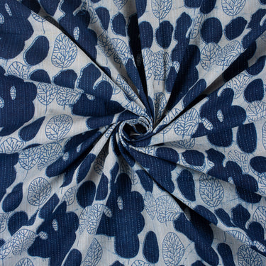 Indigo Blue Leaf Printed Indian Kantha Fabric