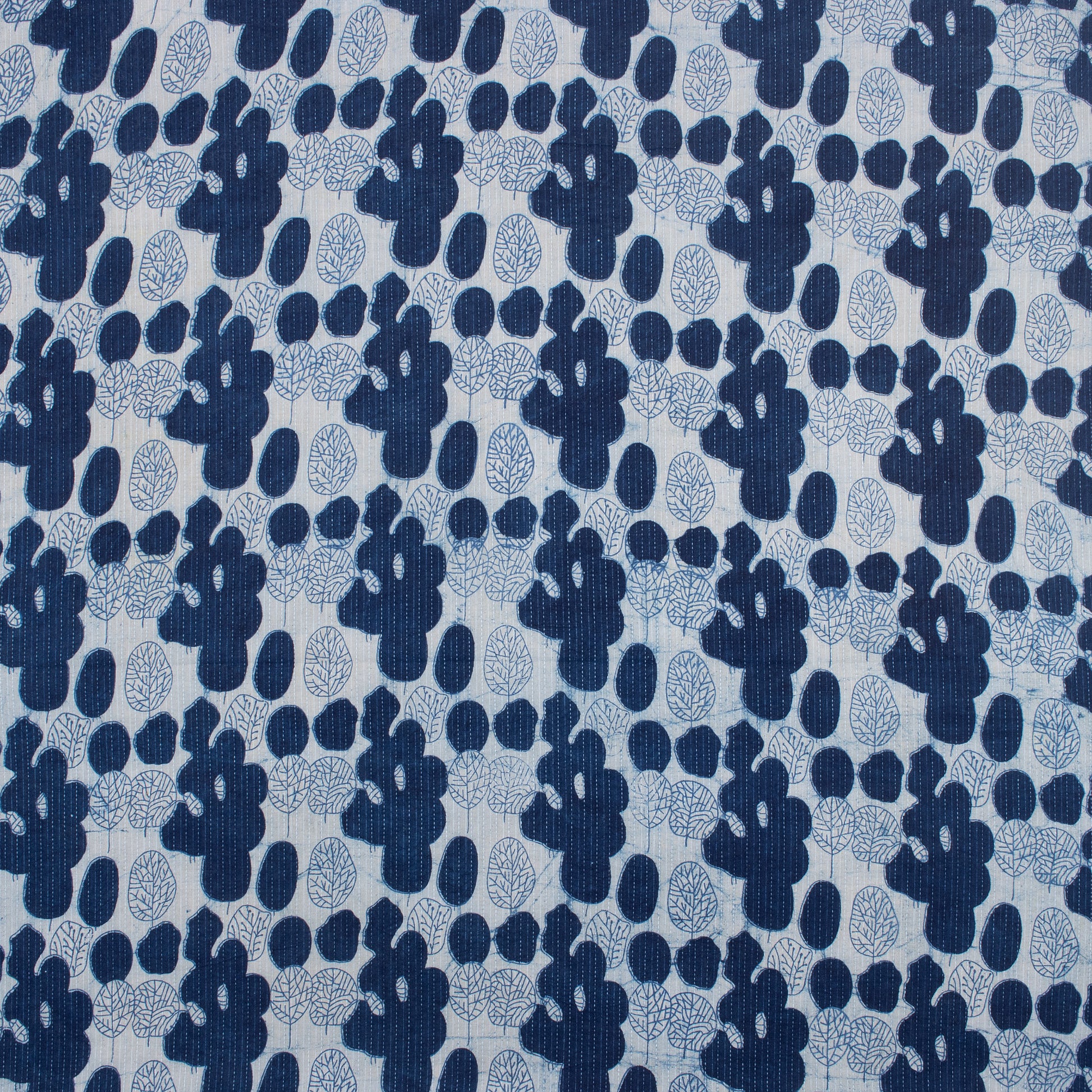 Indigo Blue Leaf Printed Indian Kantha Fabric