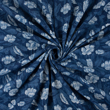 Trendy Indigo Floral Block Kantha Print Fabric