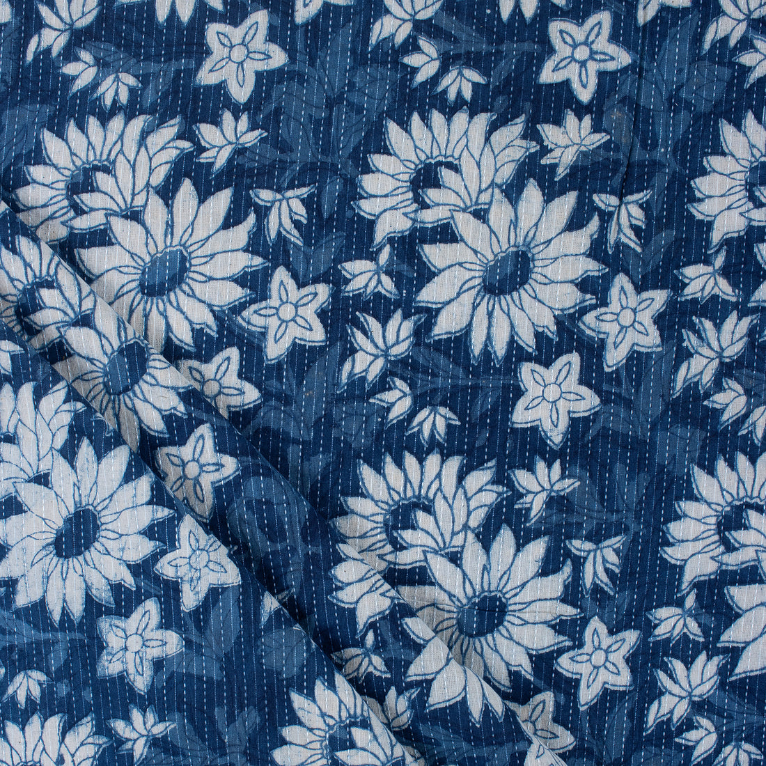 Indigo Blue Sun Flower Print Best Kantha Design Fabric Online