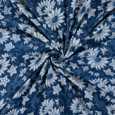 Indigo Blue Sun Flower Print Best Kantha Design Fabric Online