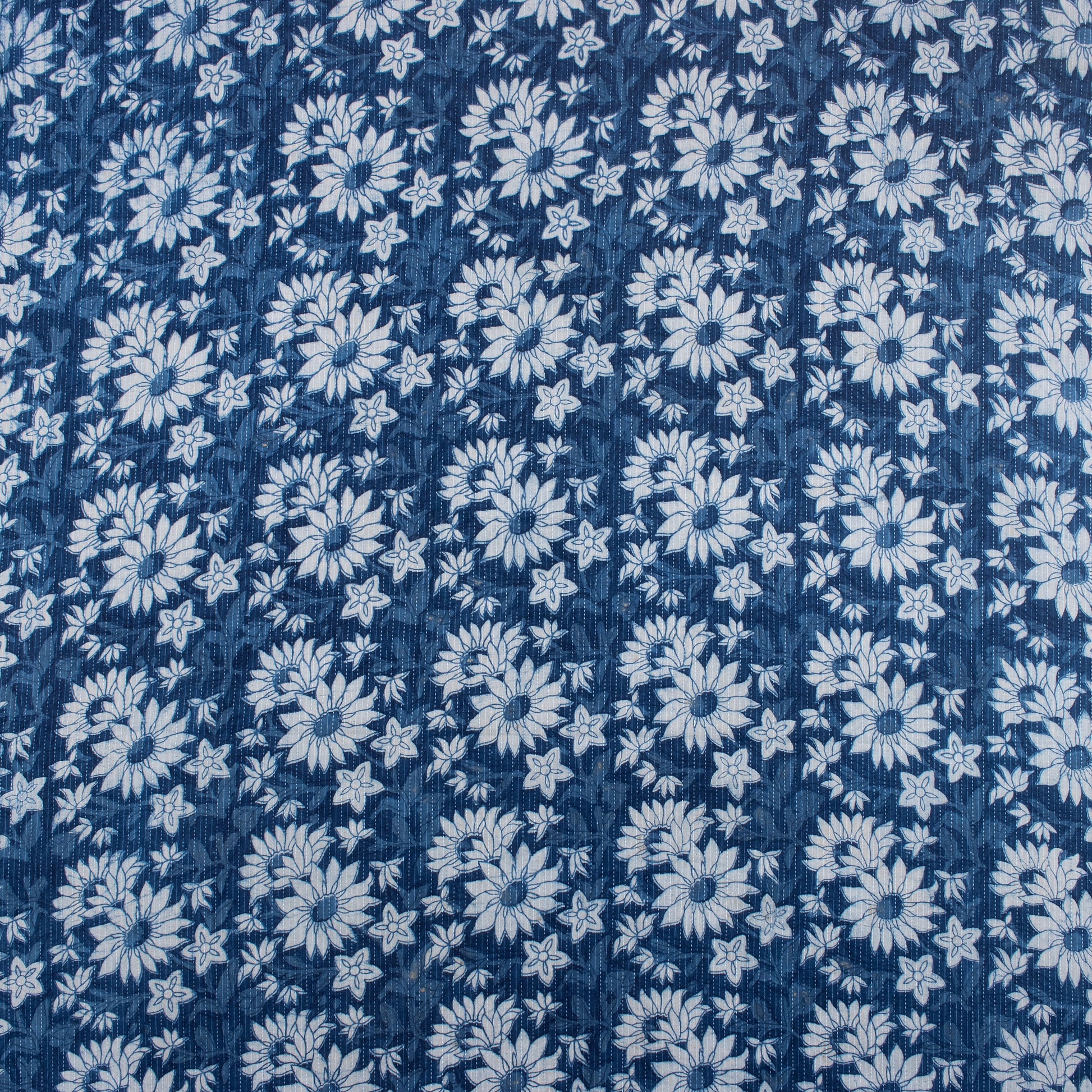 Indigo Blue Sun Flower Print Best Kantha Design Fabric