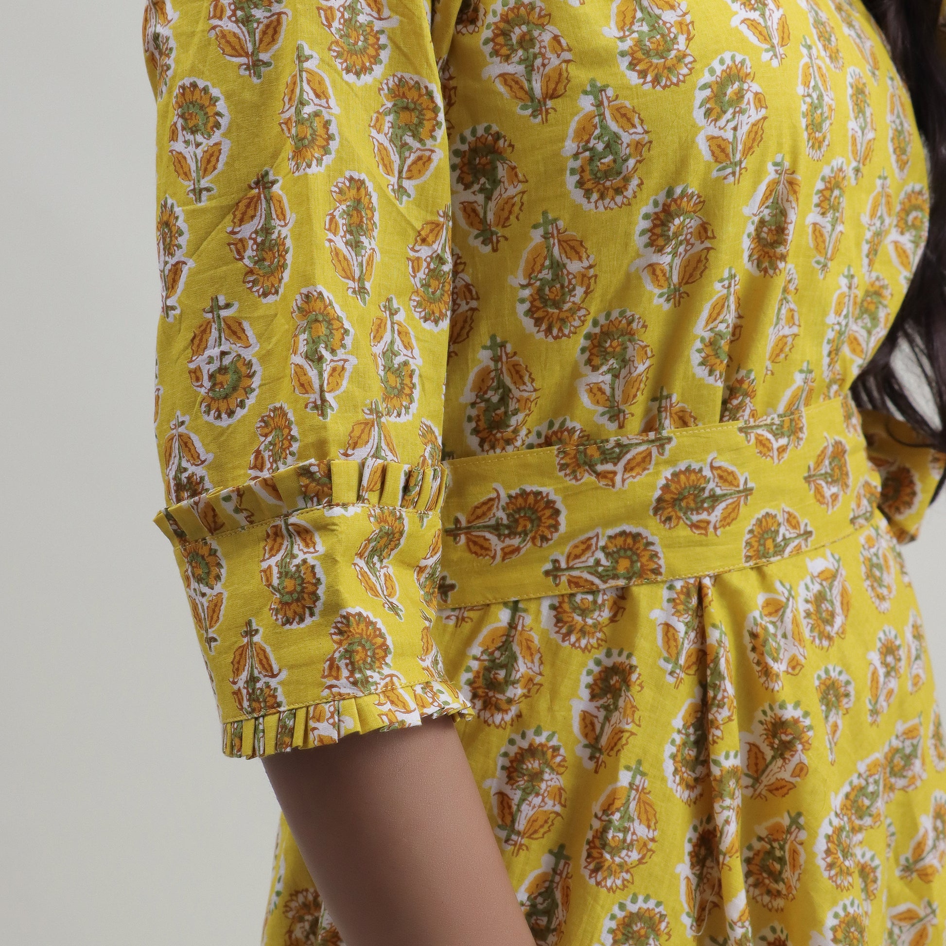 Yellow Hand Block Floral Printed Soft Cotton Midi Dress