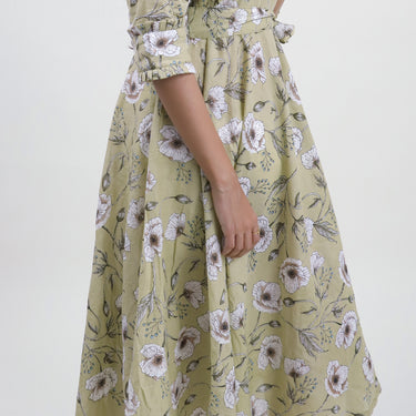 Cotton Hand Block Printed Green Midi Fancy Dress Online