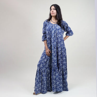 Best Midi Dress Design Blue Cotton Hand Block Floral Printed Online