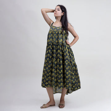 Soft Cotton Hand Block Floral Printed Midi Dresses For Women