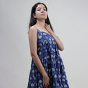 Soft Cotton Hand Block Blue Floral Printed Midi Dresses For Girls