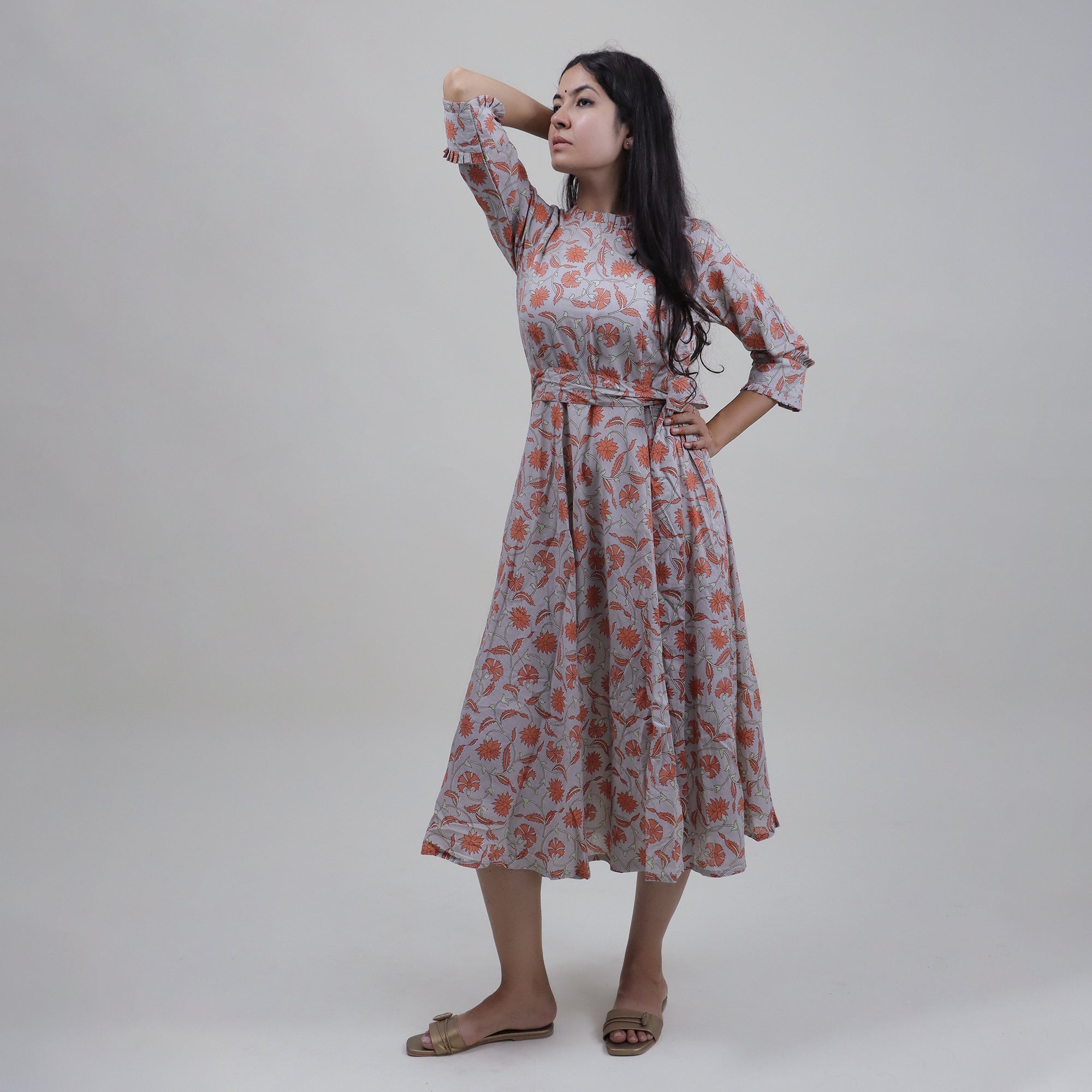 Grey Hand Block Floral Printed Soft Cotton Midi Dress