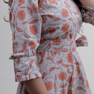 Grey Hand Block Floral Printed Soft Cotton Midi Dress