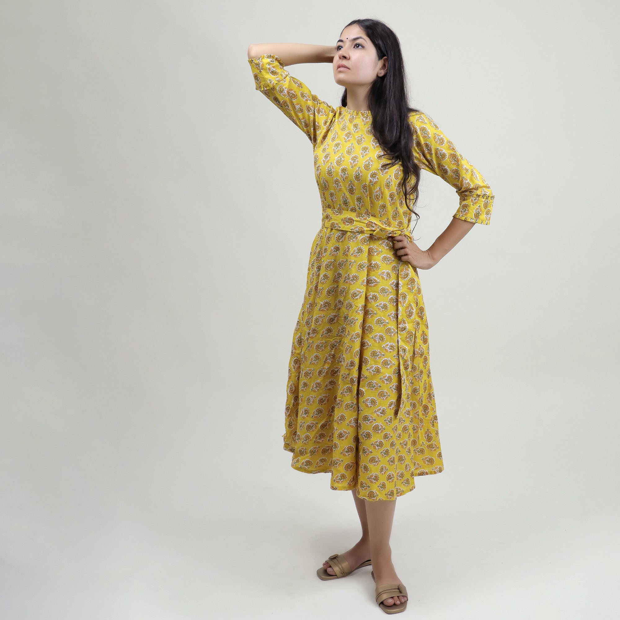 Yellow Hand Block Floral Printed Soft Cotton Midi Dress