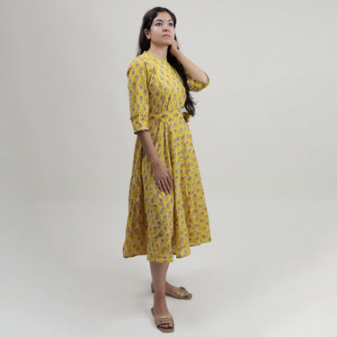 Yellow Hand Block Floral Printed Soft Cotton Midi Dress