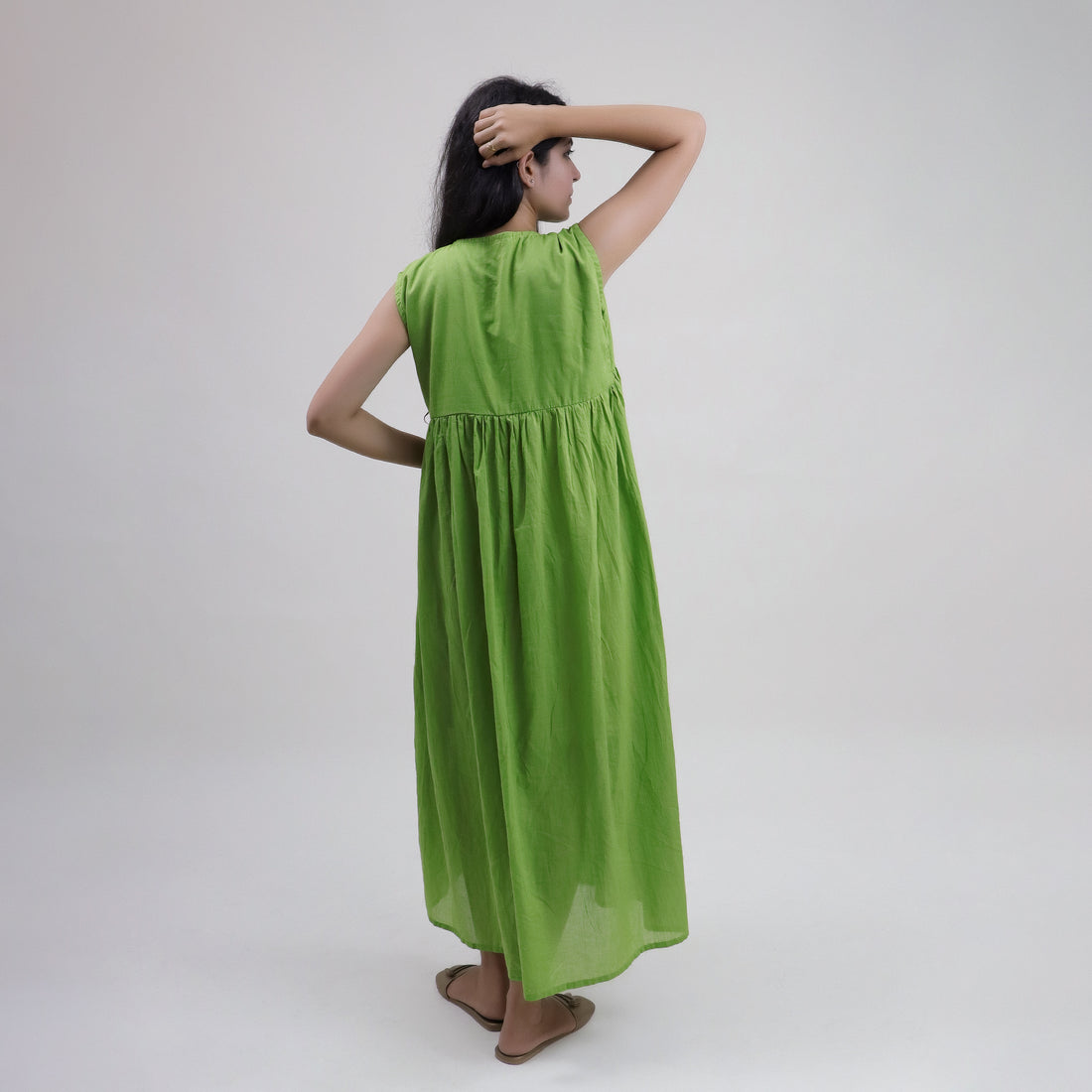 Green Solid Cotton Dress For Women