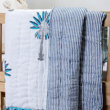 Baby Blankets Sky Blue Block Palm Tree Printed Mulmul Cotton Online