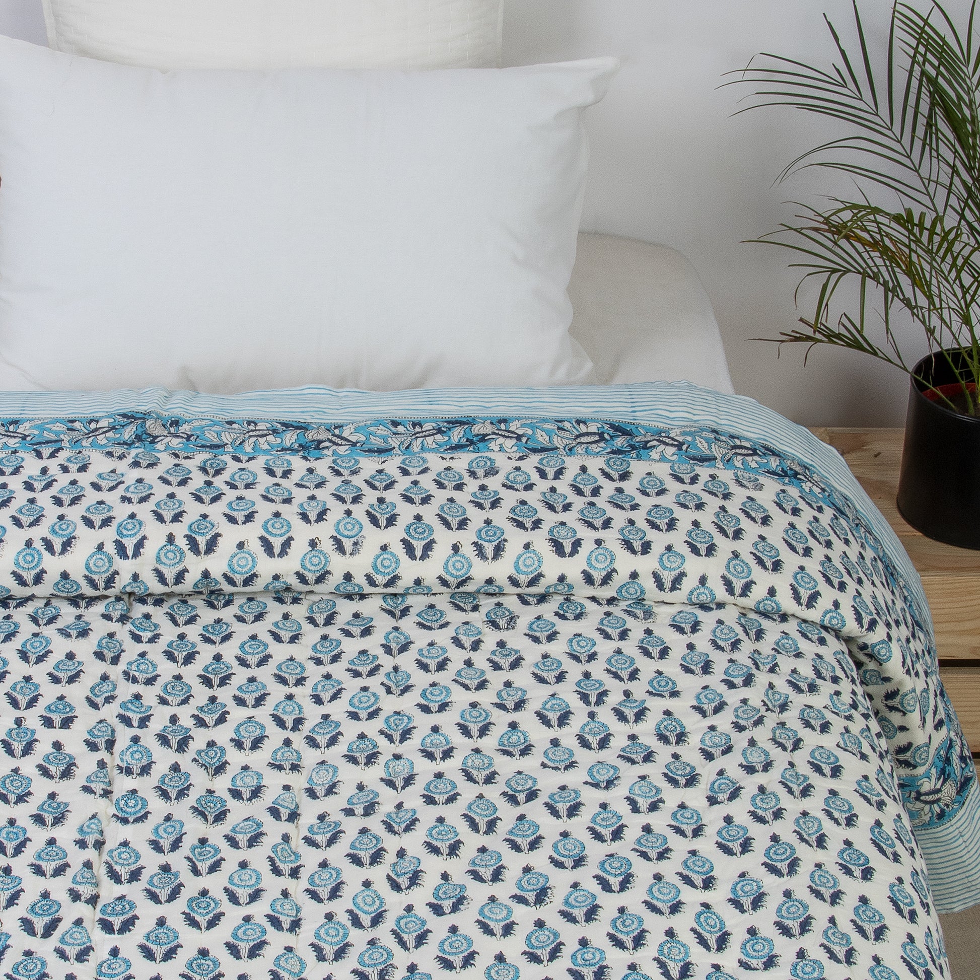 Sky Blue Floral Print Soft Cotton Traditional Rajai Double Bed Online