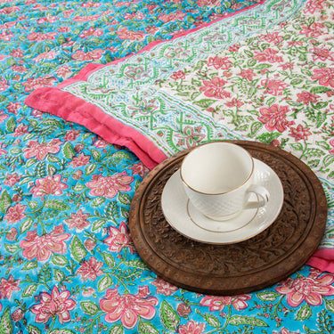 Floral Print Sky Blue Soft Mulmul Cotton Jaipuri Razai Single Bed